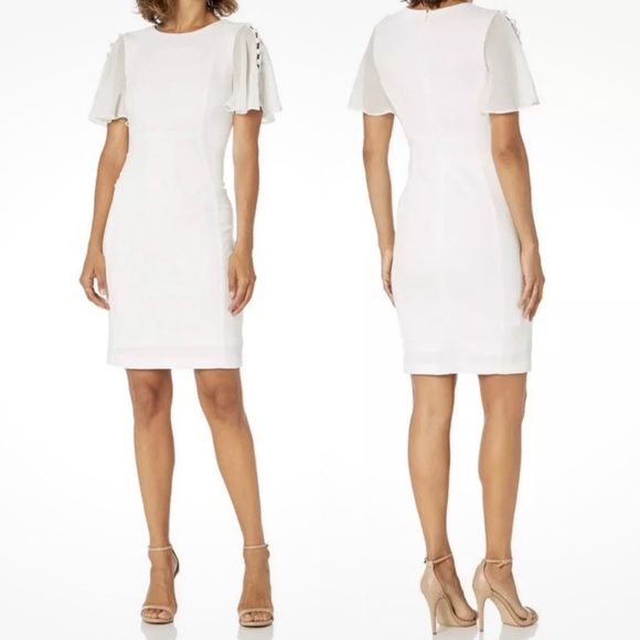 Calvin Klein White Chiffon-Sleeve Sheath Dress - Picture 1 of 7